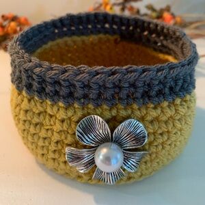 Handmade Crochet Basket With Button And Pinecones